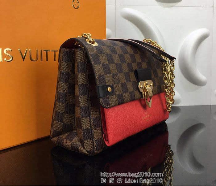 路易威登LV 頂級原單 N40110紅 SAINT PLACIDE手袋 Damier Ebène帆布 搭配小牛皮和優雅褶 金色鏈條單肩斜挎包  YDH2523